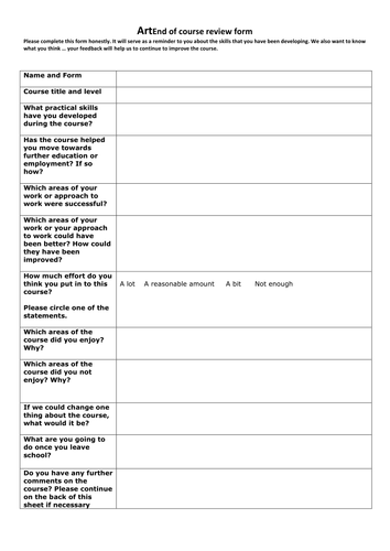 A level Art end of course student feedback questionnaire. Updated