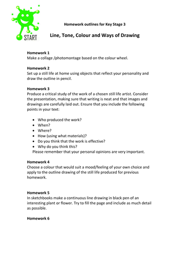 Key Stage 3 Homework Sheet. Line, Tone, Colour and Ways of Drawing. Updated