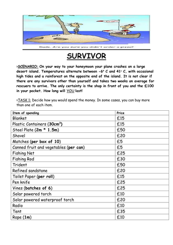 Desert Island Survival Can You Survive With £100 Teaching Resources