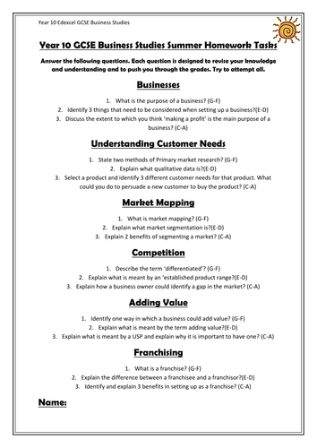 gcse business studies edexcel spec year 10 summer homework tasks by