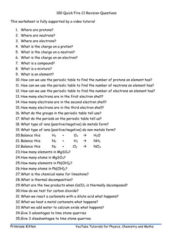 100 Quick Fire C1 Revision Questions. AQA GCSE Chemistry or Core by