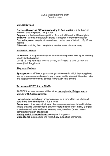 AQA GCSE Music Unit 1 Exam Revision Guide | Teaching Resources