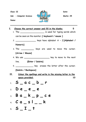 Keyboard Worksheet for grade 2 | Teaching Resources