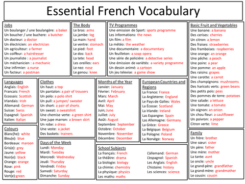 Essential French Vocabulary Teaching Resources