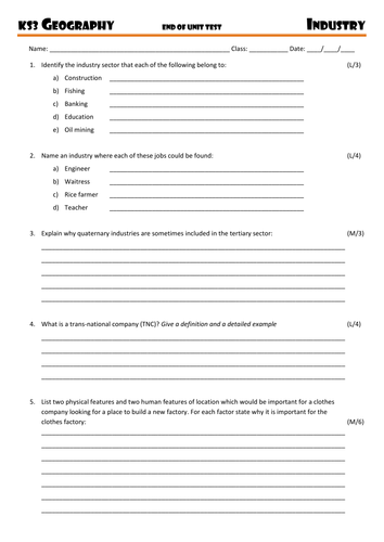 End of Unit Test and MarkScheme for Industry: Geography