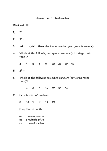 Squared and cubed numbers worksheet | Teaching Resources