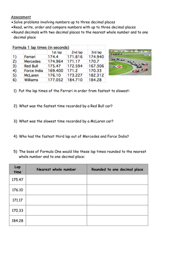 Year 5 Maths Assessment: decimal problems, rounding, comparing numbers with up to 3 decimal places