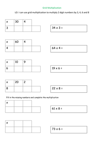 grid multiplication year 3 worksheets differentiated teaching resources