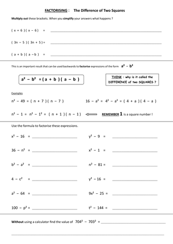 Difference of Two Squares by Skillsheets - Teaching Resources - TES