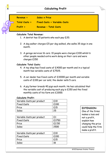 Profit, Costs, Revenue, Sales | Teaching Resources