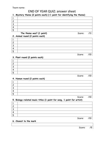 End Of Year Biology Quiz Teaching Resources