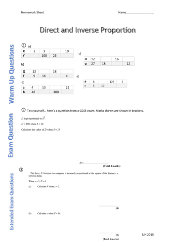 Direct & Inverse Proportion Homework/Worksheet | Teaching Resources