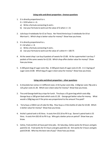Ratio and direct proportion differentiated questions | Teaching Resources