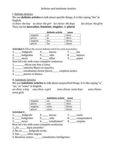 Definite And Indefinite Articles Spanish Worksheet Pdf Answer Key