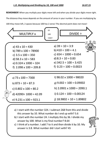 Multiply And Divide By 10 100 And 1000 Teaching Resources
