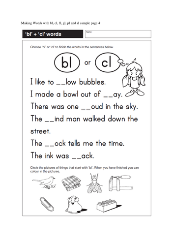 Bl Cl Fl Blends Worksheets