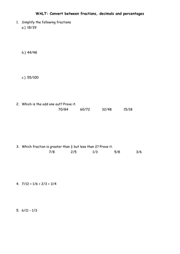 Convert between fractions, decimals and percentages | Teaching Resources