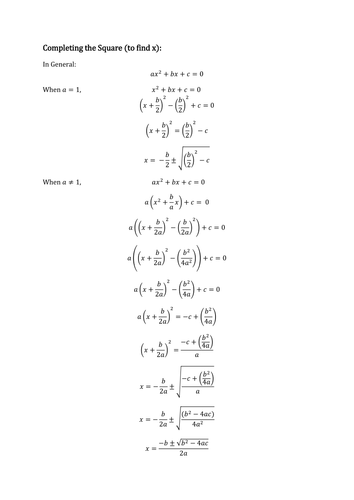 Completing The Square Worksheet | Teaching Resources