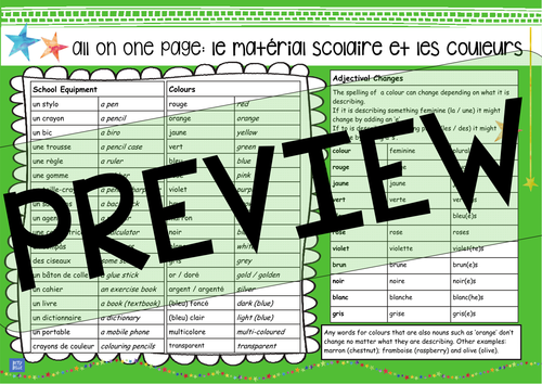 One Page Learning Mat: colours and school equipment