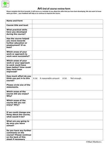 High School Art Resource - A Student Feedback Form | Teaching Resources