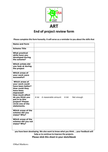 Middle School Art Student Feedback Form