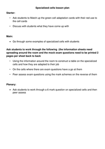 Specialized Cells Lesson | Teaching Resources
