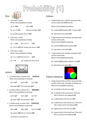 probability worksheets teaching resources