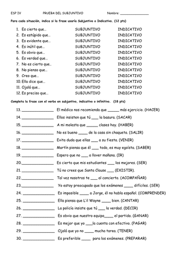 Spanish Subjunctive Worksheets Printable