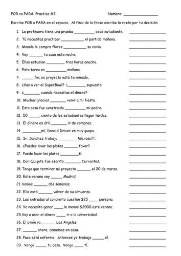 Por Vs Para Worksheet