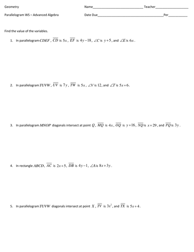 Printables Advanced Algebra Worksheets parallelogram worksheet advanced algebra by amyschander teaching resources tes