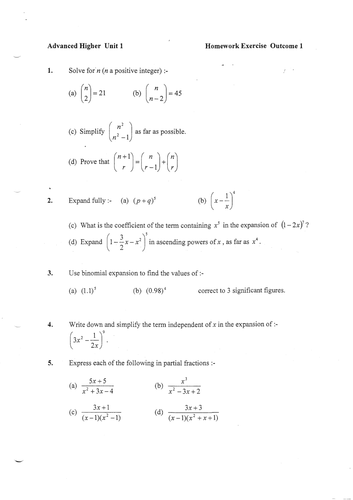 Advanced Higher Mathematics Homework set for units 1, 2 and 3