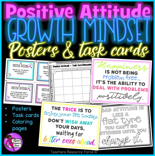 Positive Attitude Growth Mindset Task Cards, Posters and Colouring Pages
