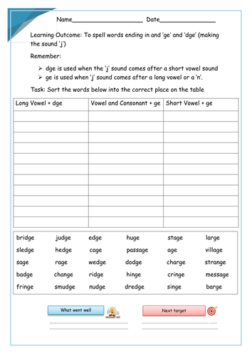 Words ending in 'ge' and 'dge' - PowerPoint Lesson and Worksheets by ...