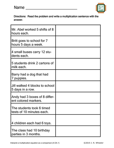 Create Multiplication Sentences Worksheet 4 OA 1 Teaching Resources