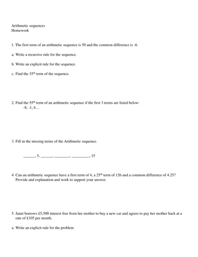 Mathematics Arithmetic Sequences homeworks x4