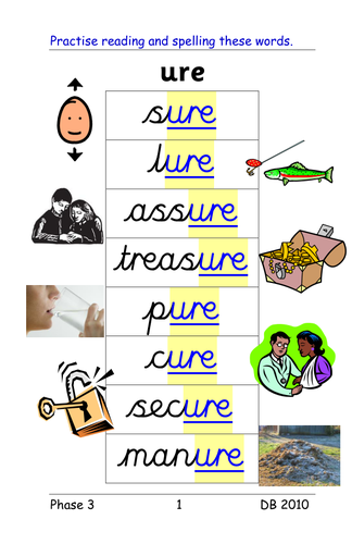 write read inc worksheets phonics sure, ure' 4  Phase grapheme in [as 3:' treasure]