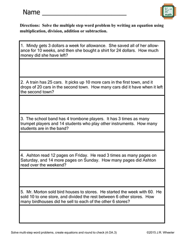 Write Equations to Solve Word Problems Worksheet 4 OA 3 Teaching