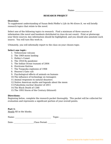 Life As We Knew It by Susan Beth Pfeffer - Research Project Directions