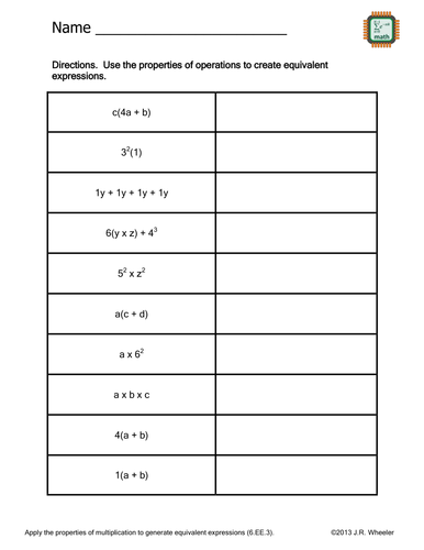 Write Equivalent Expressions Worksheet 6 EE 3 Teaching Resources