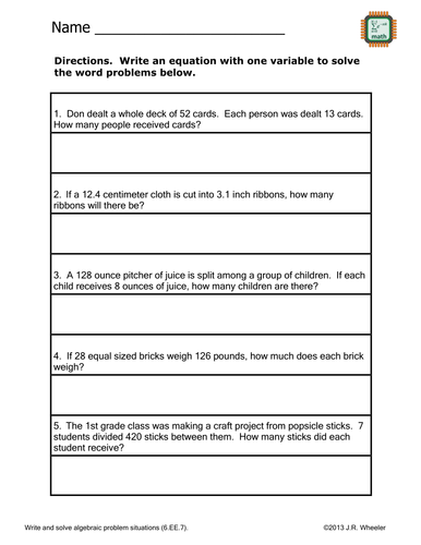 Solve Word Problems with Variable Worksheet - 6.EE.7 | Teaching Resources