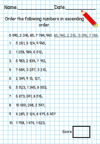 to be able to order 2 3 4 and 5 digit numbers in ascending order teaching resources