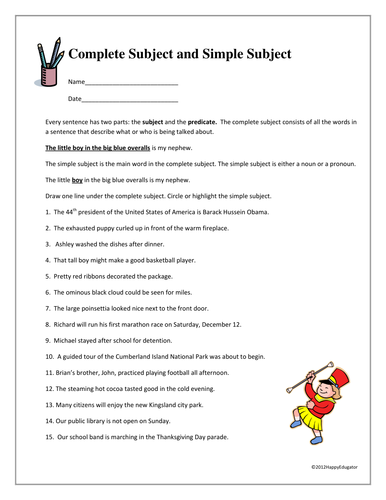 Complete Subject And Simple Subject Worksheet Teaching Resources