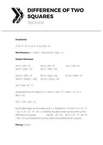 Difference of Two Squares - Complete Lesson | Teaching Resources