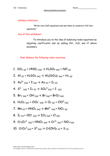 'AS' - Chemistry: Balancing Redox Equations Worksheet (With Answers) by