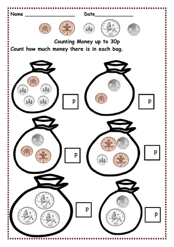 money counting pennies up to 10p and then 15p20p 30p using 1p 2p