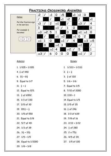 Fractions Crossword Teaching Resources