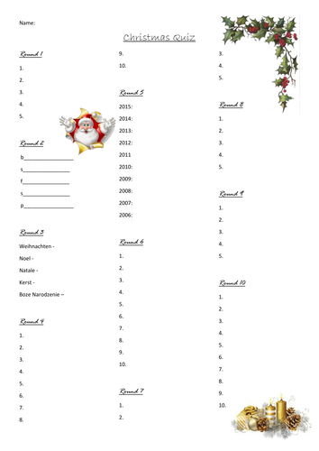 Christmas Quiz with 10 very different rounds. Updated for 2016!