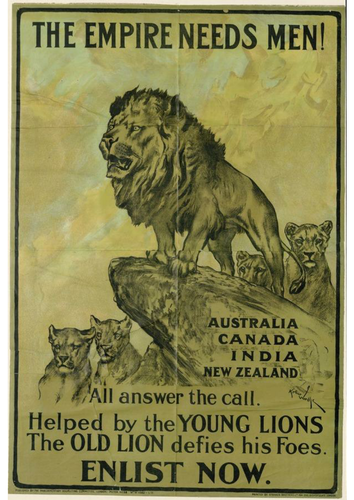 Propaganda posters from both world wars display