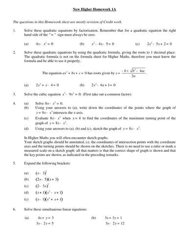 CfE Higher Mathematics 10x Homework worksheets Unit 1