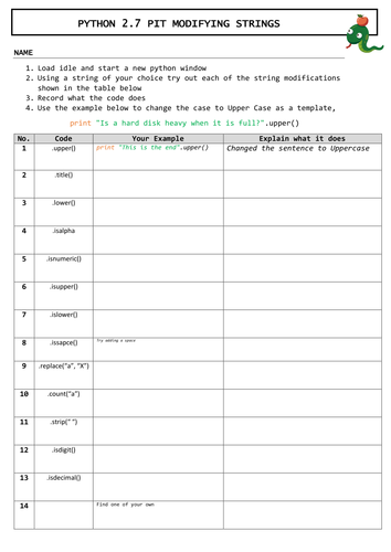 Python String Worksheet Teaching Resources 9114